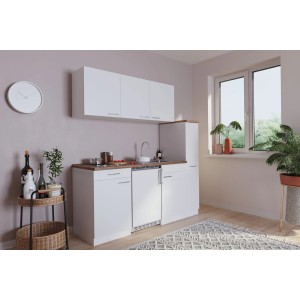 Respekta Economy Küchenzeile KB180WWC, 180 cm, Weiß mit Glaskeramikkochfeld und Kühlschrank.