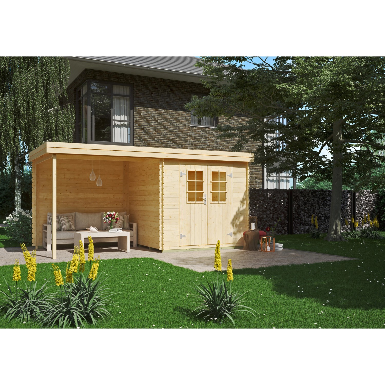 Kiehn-Holz Gerätehaus KH 19-014, naturbelassen, mit Anbau und Doppeltür. Holz-Gartenhaus für Geräte und Gartenmöbel.