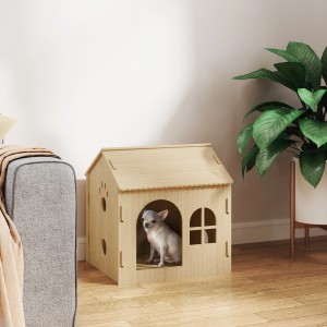 Hundehütte/Katzenhaus im Pfoten-Design aus Eiche mit kleinem Hund darin.