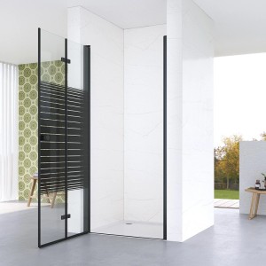 Moderne Aquabatos Dusch-Falttür mit schwarzen Streifen und mattem Aluminiumrahmen für Nischenduschen.