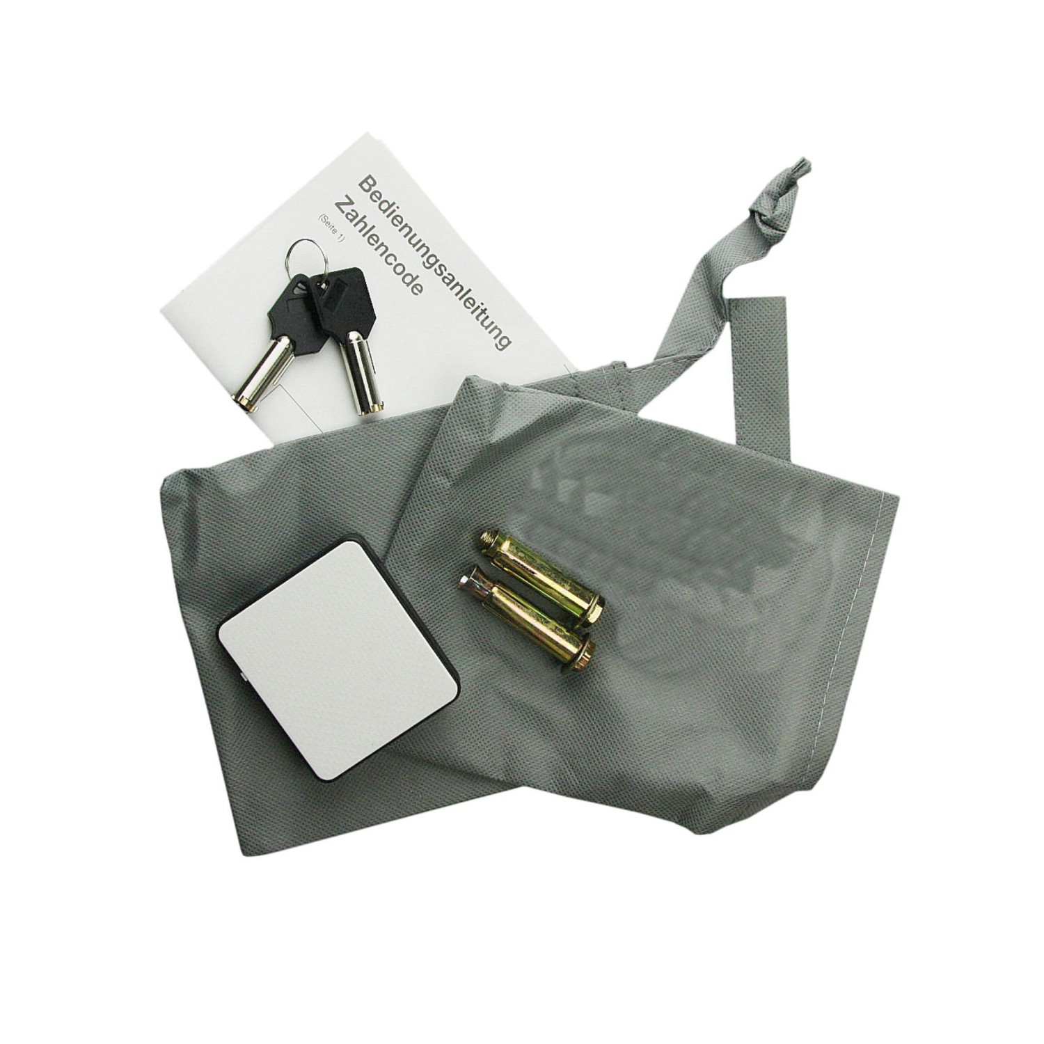 Zubehör für Basi Elektronik-Möbel-Tresor: Schlüssel, Anleitung, Notstrom-Aggregat und Befestigungsmaterial.