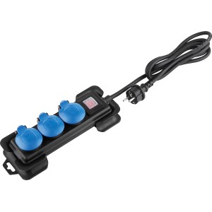 Schwarze 3-fach Steckdosenleiste IP54 mit blauem Schutzdeckel und Kontrollschalter.