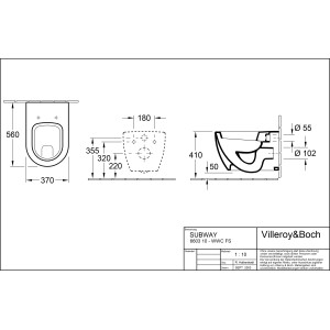 Technische Zeichnung: Villeroy & Boch Wand-WC Subway, Flachspüler, Alpinweiß, mit Maßen.