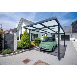 Anthrazitfarbener Carport Premium Klima mit Stegplatten und einem grünen Auto darunter.