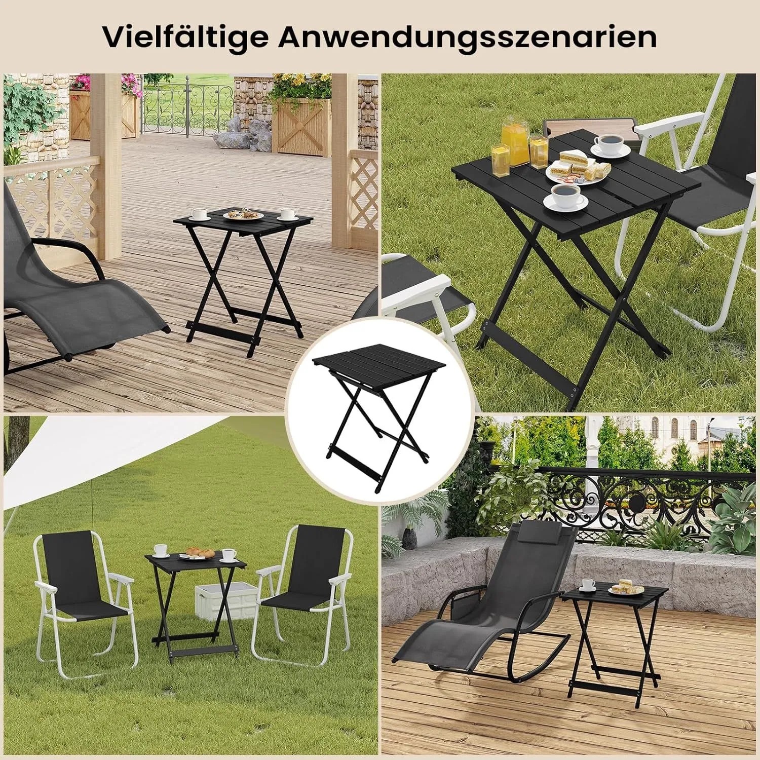 WOLTU Klapptisch, Campingtisch, Gartentisch, klappbar, aus Aluminium, in Schwarz, verschiedene Anwendungsszenarien.