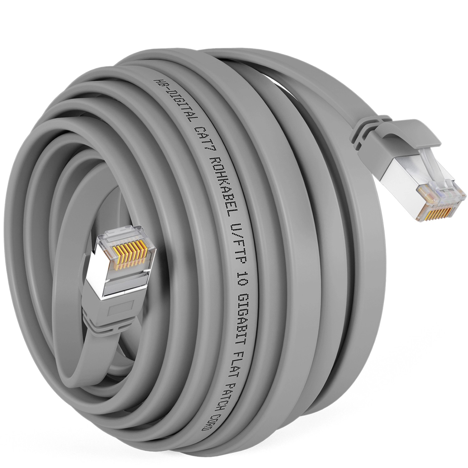 hb-digital Flachkabel CAT 7 Rohkabel RJ45 LAN Kabel Flach Kupfer bis zu 10 Gbit/s U/FTP PVC 15m Grau