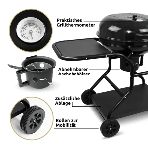 Detailaufnahme: deluxe4home Kugelgrill mit Ablagen, Grillthermometer, Aschebehälter und Rollen.