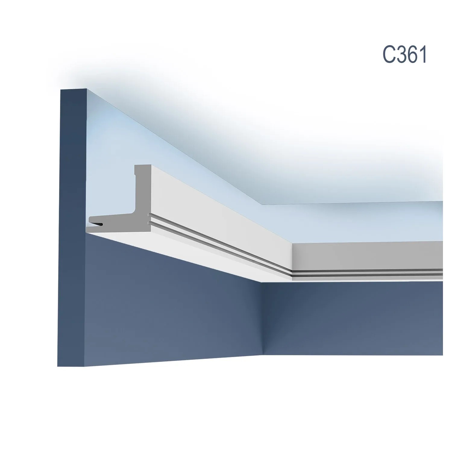 Weiße ORAC DECOR C361 LUXXUS Zierleiste für indirekte Beleuchtung an Wand und Decke.