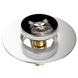 Sanilo Pop Up Waschbeckenstöpsel mit Katzenmotiv und Sonnenbrille.