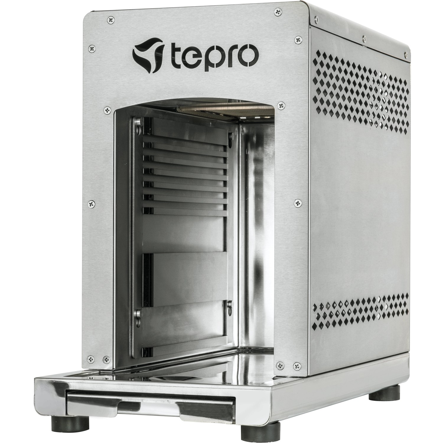 Tepro Toronto Gas-Steakgrill mit Oberhitze, Edelstahlgehäuse und Innenraumansicht.