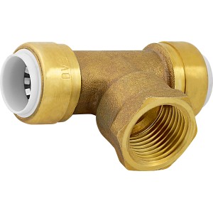 Steck-T-Stück aus Messing, 45 mm, für Rohre. Steckfitting mit drei Ausgängen für Trinkwasser- und Heizungsanlagen.