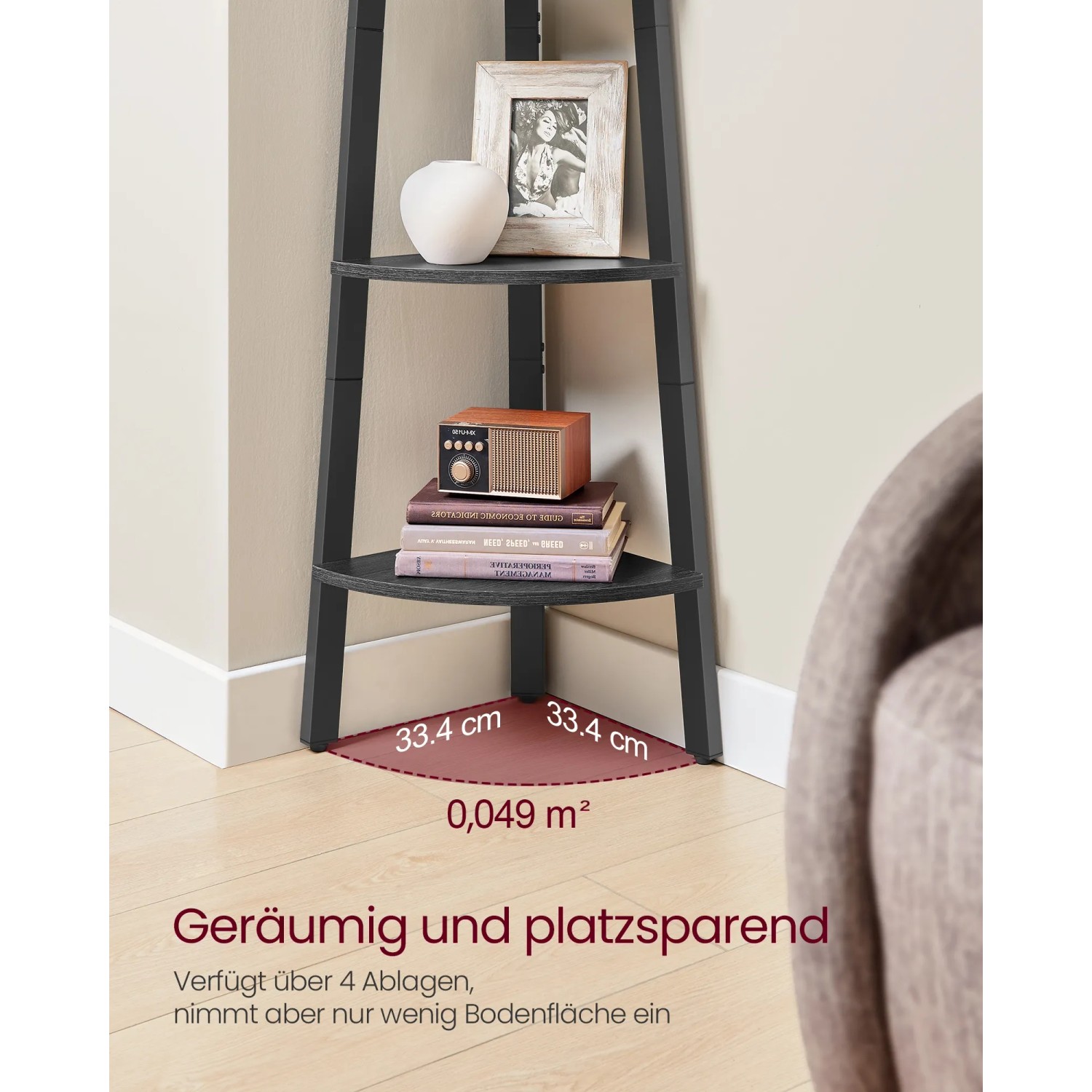 Vasagle Eckregal, grau-schwarz, mit 4 Ebenen. Ideal zur Ecknutzung im Wohnraum.