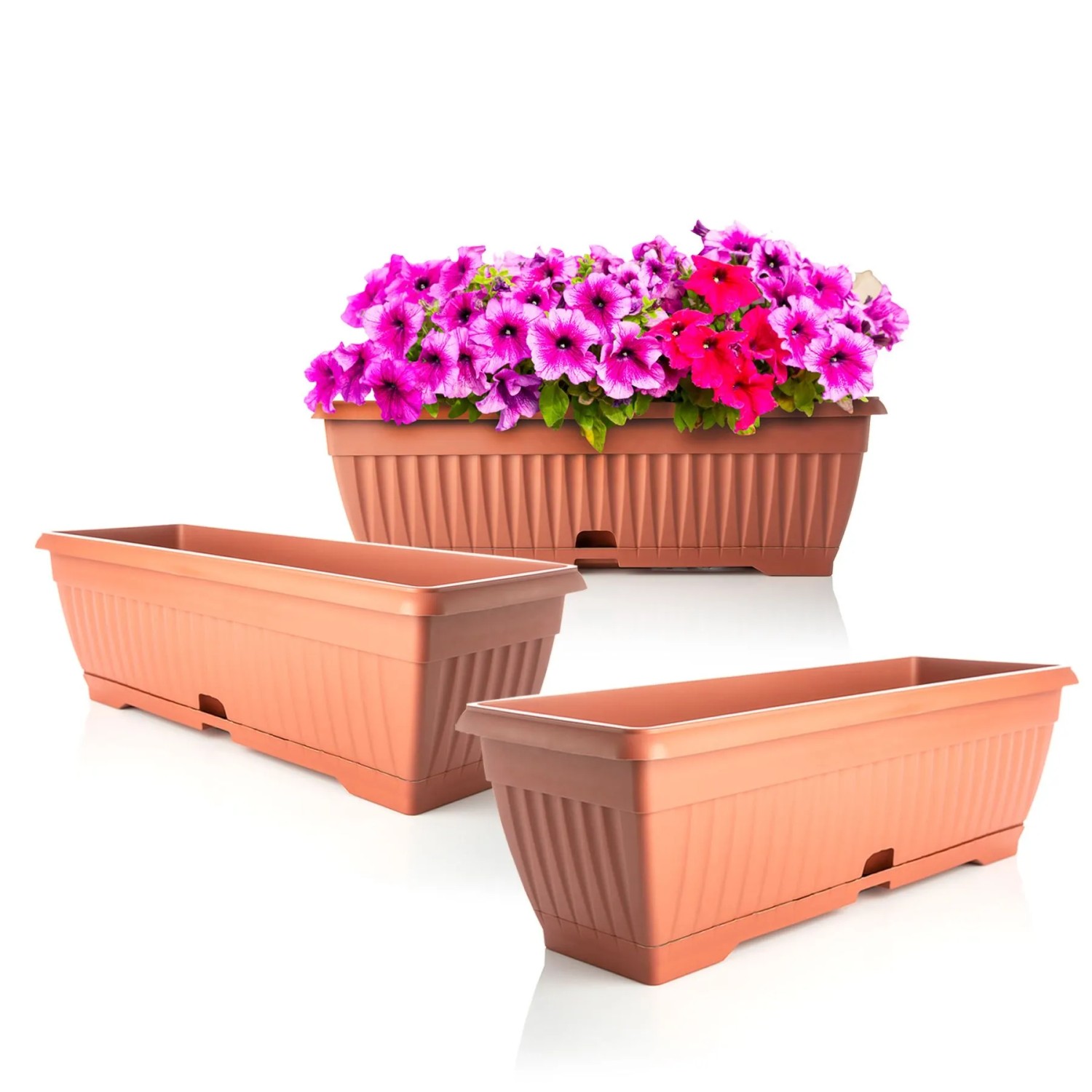 BigDean 3x Blumenkasten Balkon mit Untersetzer Terracotta 50 cm Balkonkasten Pflanzkasten Blumenkasten mit Wasserspeicher für Innen und Außenbereich BigDean 3x Blumenkasten Balkon mit Untersetzer - Terracotta 50 cm Balkonkasten Pflanzkasten Blumenkasten mit Wasserspeicher für Innen- & Außenbereich