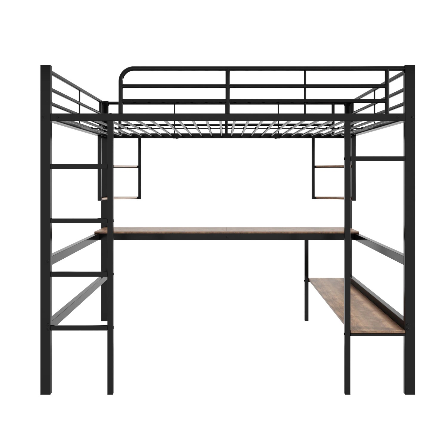 okwish Metallbett 140×200 mit Schreibtisch Vier Kleinen Regalen und einem Großen Bücherregal ohne Matratze
