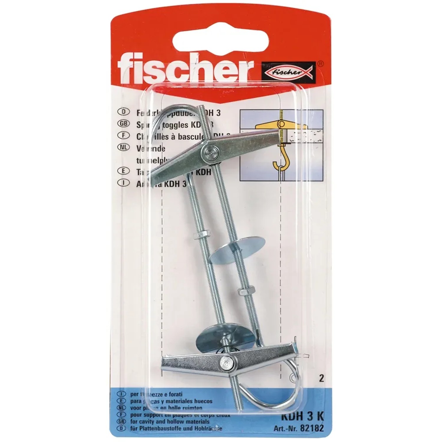 Fischer Kippdübel KDH 3 K mit Rundhaken, 2 Stück, für Hohlraum-Befestigungen.