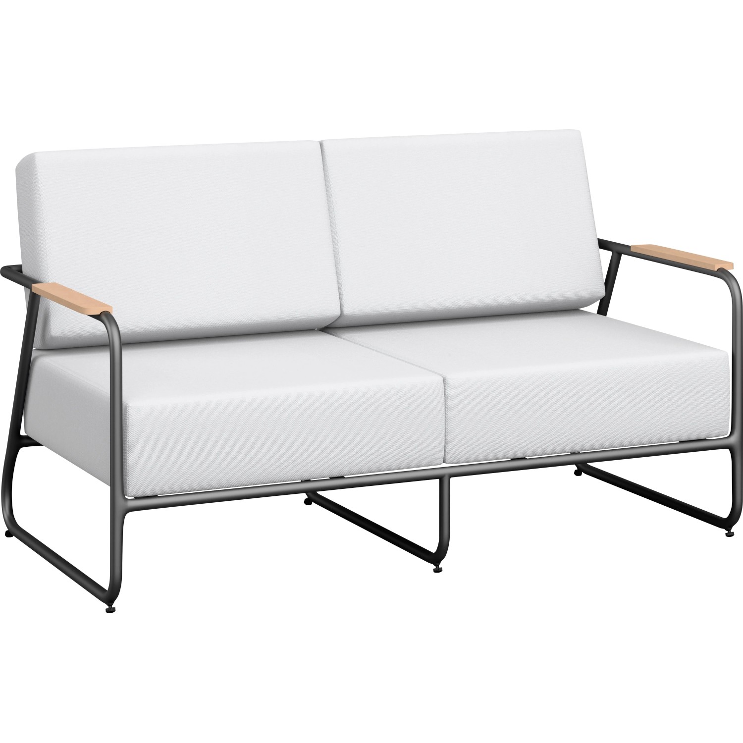 Zweisitzer der Loungegruppe Woodcliff: Schwarzes Aluminiumgestell mit hellen Holzarmlehnen und weißen Kissen.
