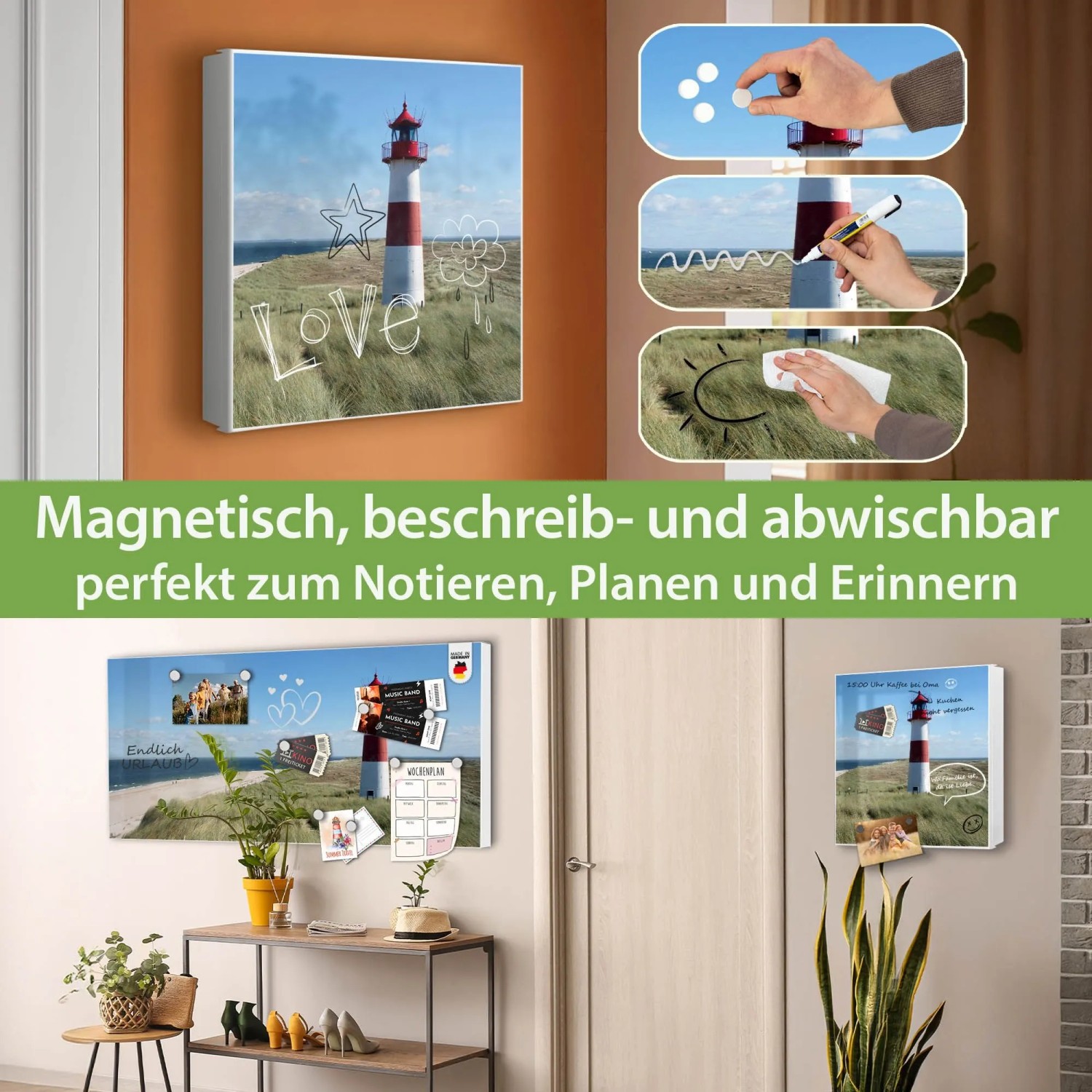 Banjado Großer Schlüsselkasten Metall 30x30cm Weiß Scharnier Links 50 Haken Beschreibbar Magnetisch Motiv Leuchtturm