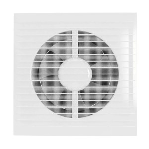 Weißer VLANO Badlüfter E 150 S mit ultraflachem Design und Fliegengitter.