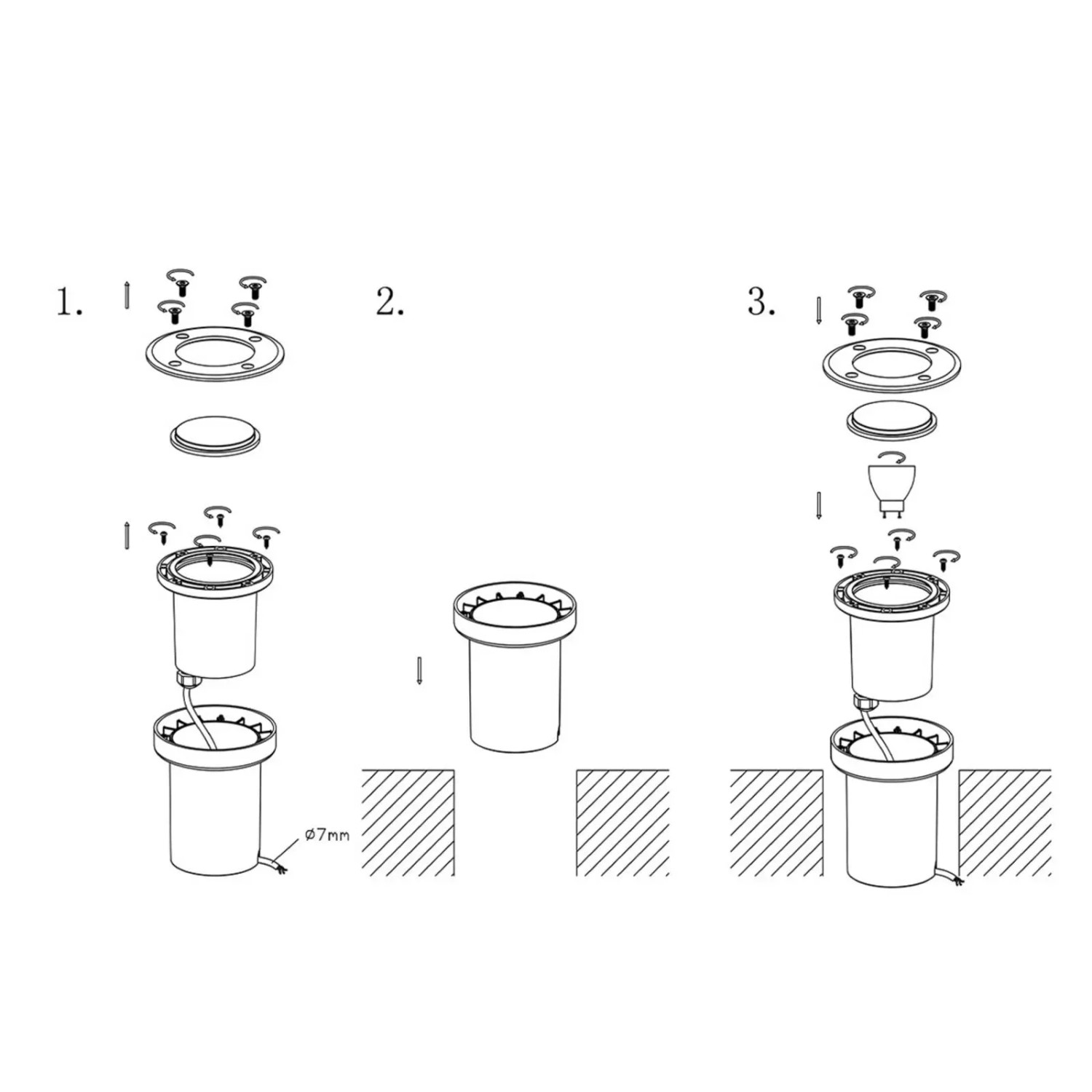 Montageanleitung Lucande Ava Bodeneinbaustrahler, wasserdicht, aus Edelstahl.