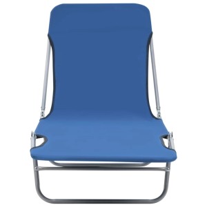 Zwei blaue, klappbare Sonnenliegen aus Stahl und Stoff für Garten oder Strand.