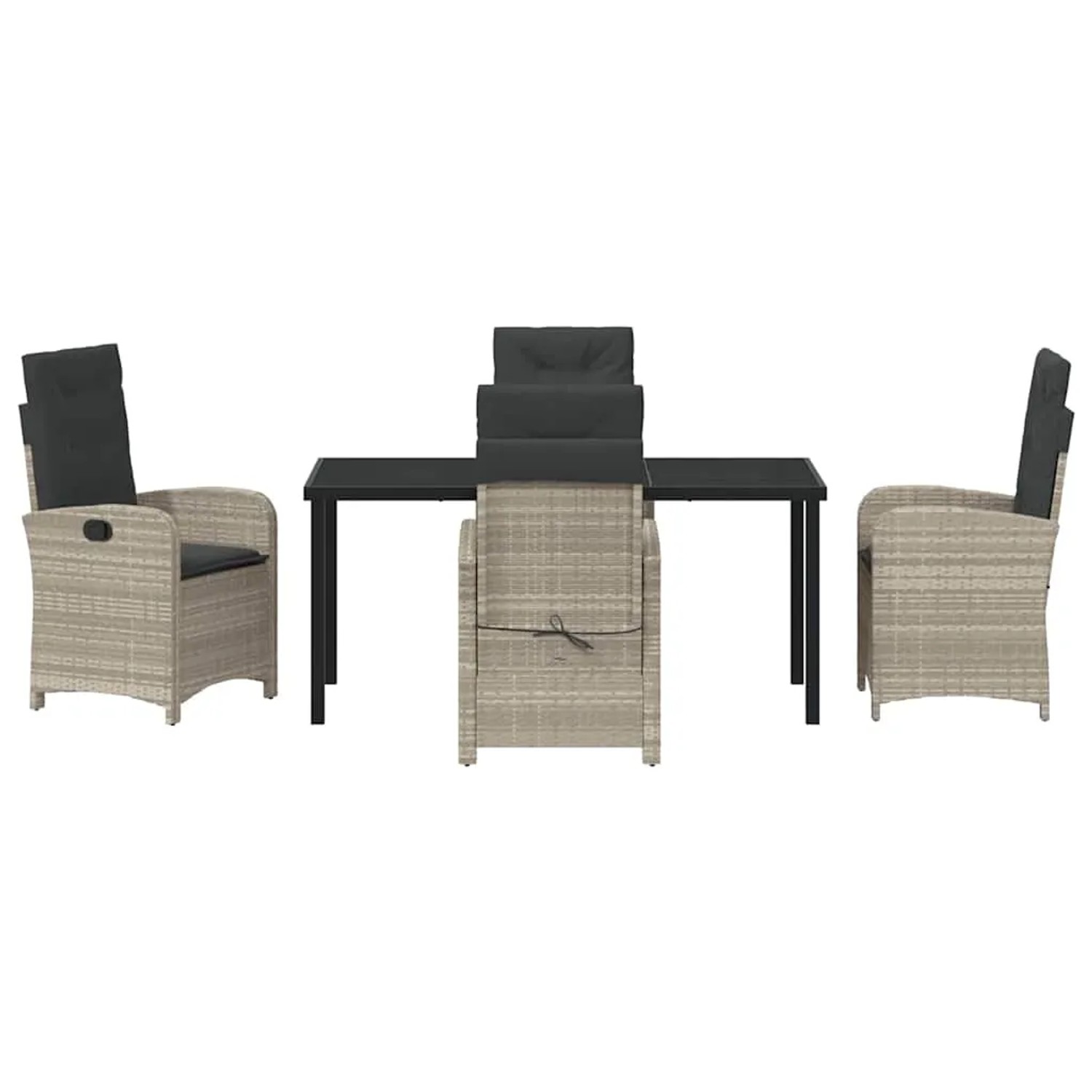 5-teilige Garten Essgruppe aus Poly Rattan, hellgrau, mit Tisch und Stühlen mit verstellbarer Rückenlehne.