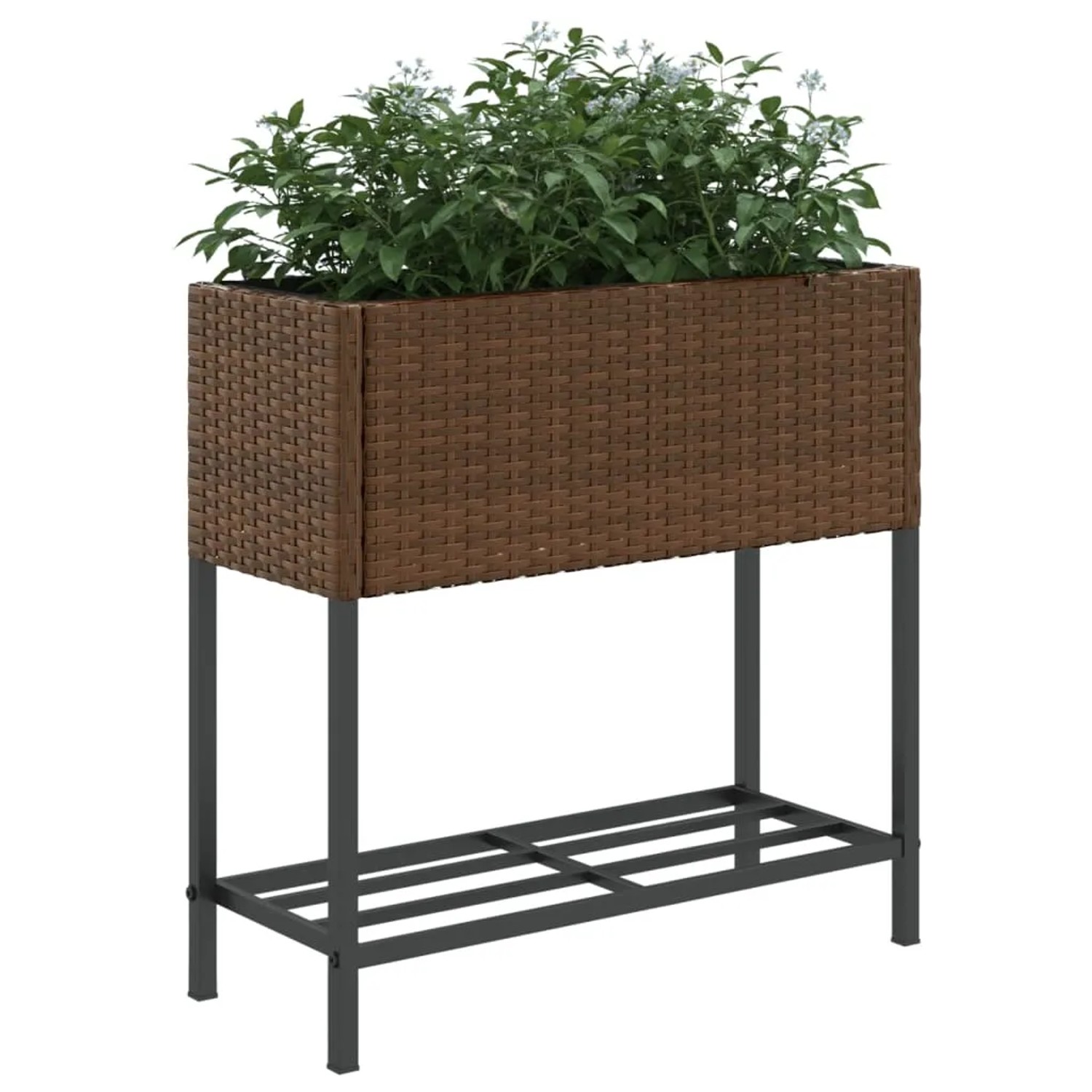 Brauner vidaXL Pflanzkübel aus Poly Rattan mit Ablage für Garten oder Terrasse.