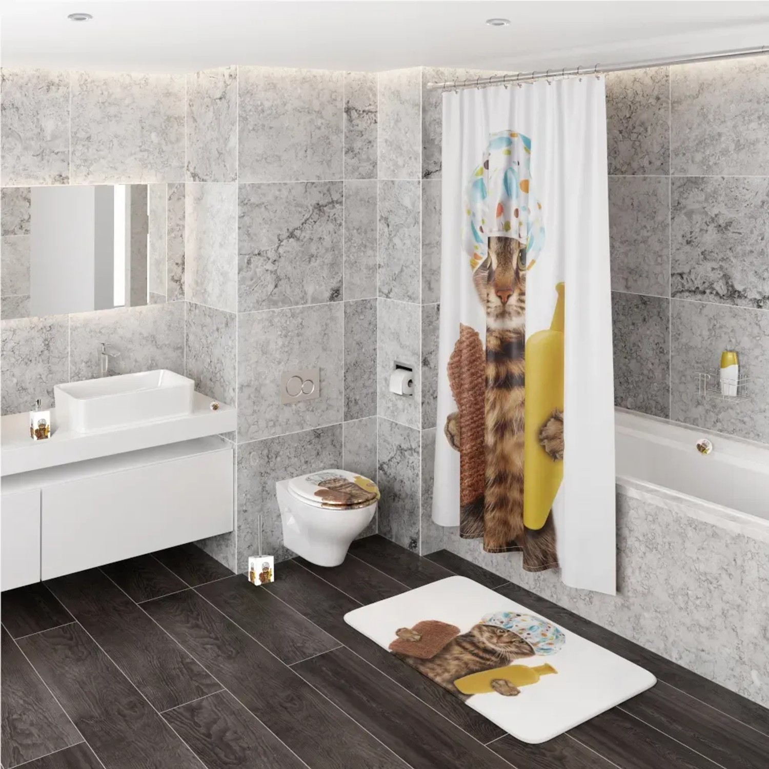 Sanilo WC-Bürste Shower Cat im Badezimmer-Set mit Duschvorhang und Badematte.