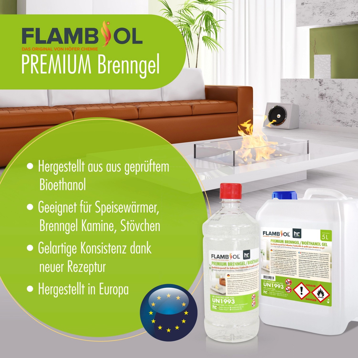 Flambiol Premium Brenngel, 60 x 1l Gebinde. Brennstoff für Kamine und Stövchen im Innen- und Außenbereich.