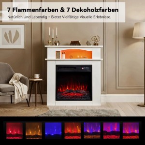 HOMAVO Elektrokamin mit Schrank, weißes Holzdesign und simulierten Flammen in verschiedenen Farben.