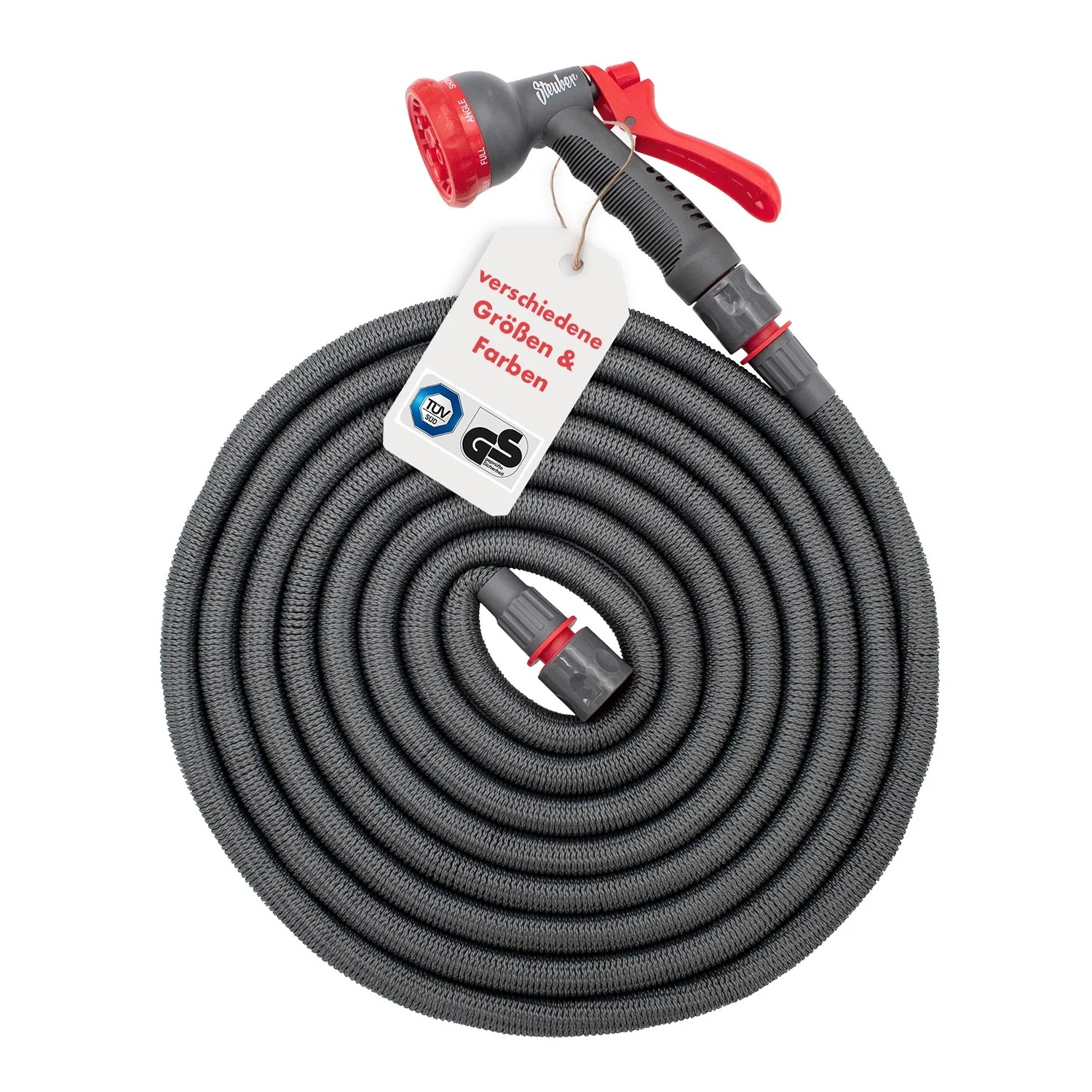 Flexibler Gartenschlauch 16,5m grau/rot mit Brause und Anschlussstück, aufgerollt.