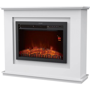 Moderner Elektrokamin Moorhampton Fire in Weiß-Schwarz mit realistischem Holz-Flammeneffekt und LED-Display.