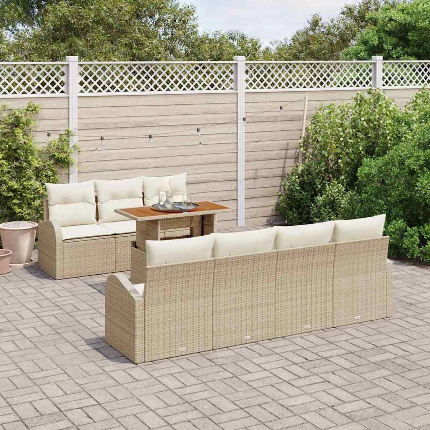 Beiges 8-tlg. vidaXL Garten-Sofa-Set aus Poly Rattan mit Tisch und Stauraum.