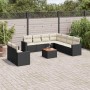 Schwarze 10-tlg. vidaXL Garten-Sofagarnitur aus Rattan mit cremefarbenen Kissen und Akazientisch.