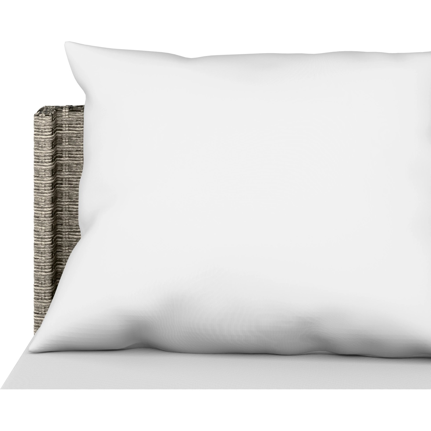 Detailaufnahme: Hellbraunes Polyrattan Lounge-Set Bostonia mit weißem Kissen.