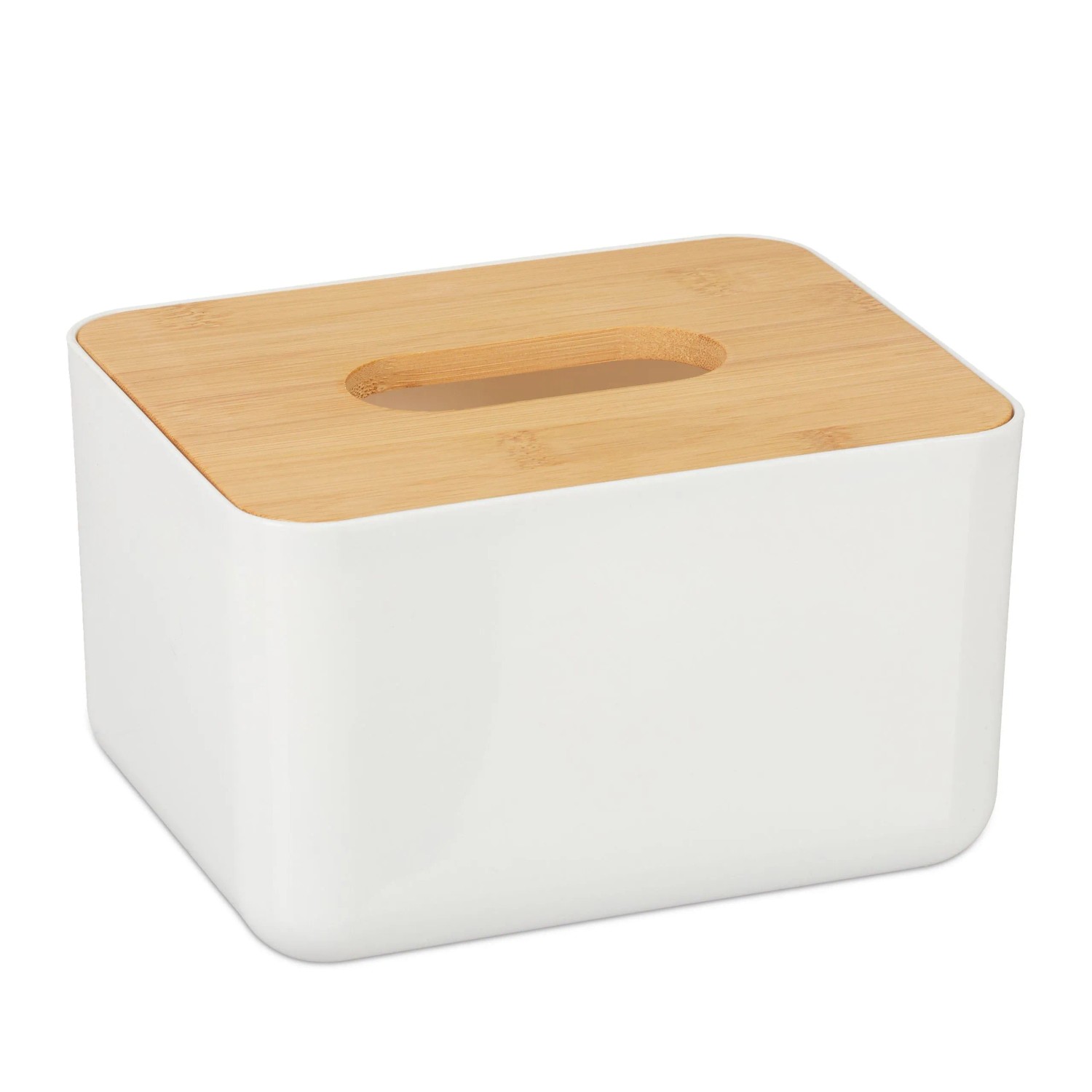 Relaxdays Tücherbox Kunststoff Bambus Weiß mit Deckel 10 x 17 x 13 cm 230 g