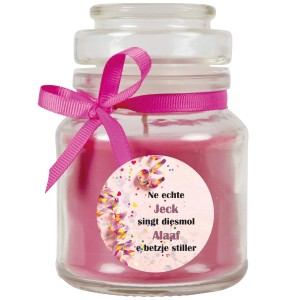 Duftkerze im Glas (rosa) mit Karnevalsmotiv und Schleife, ca. 30h Brenndauer.