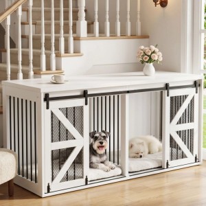 Weiße Merax Hundebox als TV-Schrank mit Schiebetüren und Trennwand für zwei Hunde. Modernes Möbelstück 160x60x75cm.