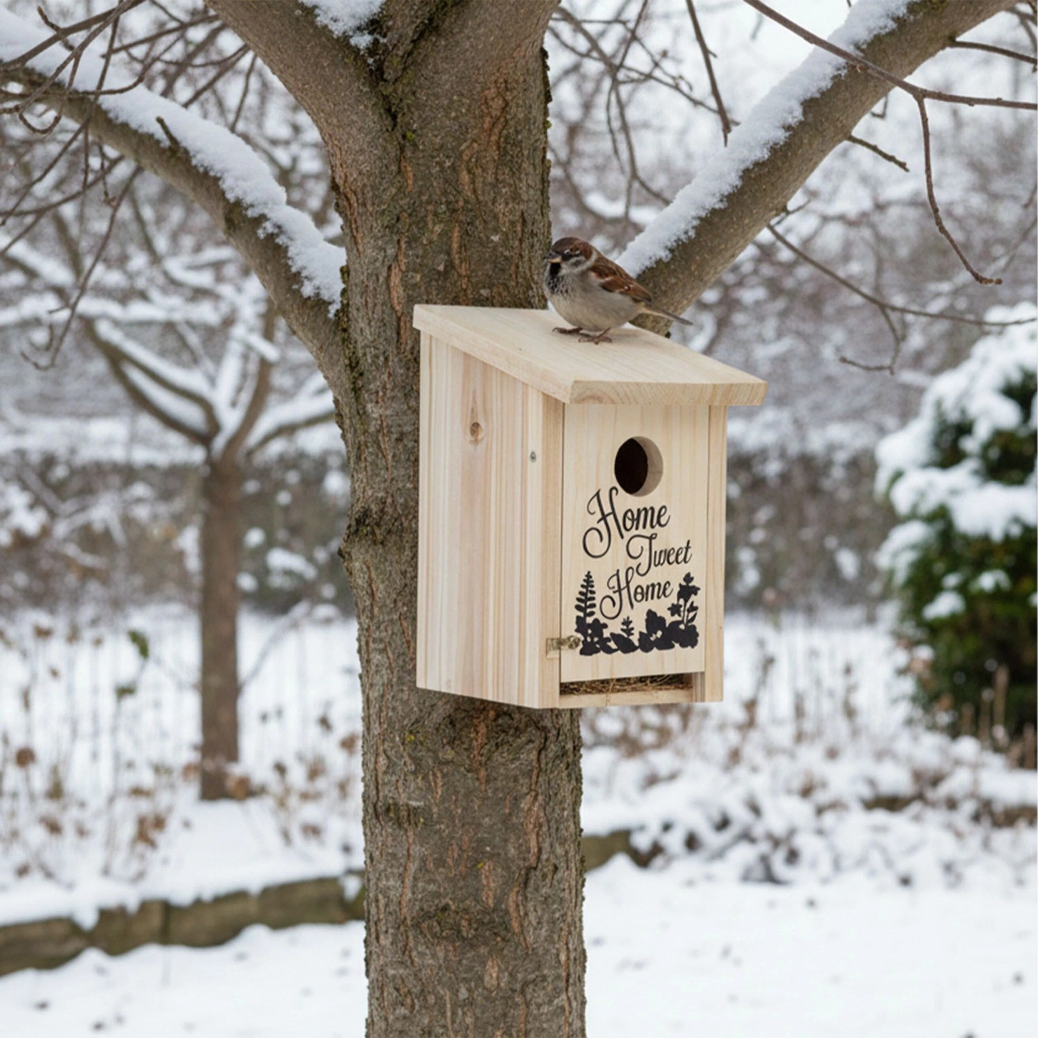 Nistkasten aus Tannenholz mit 'Home Tweet Home' Aufschrift an schneebedecktem Baum. Ein Sperling sitzt auf dem Dach.