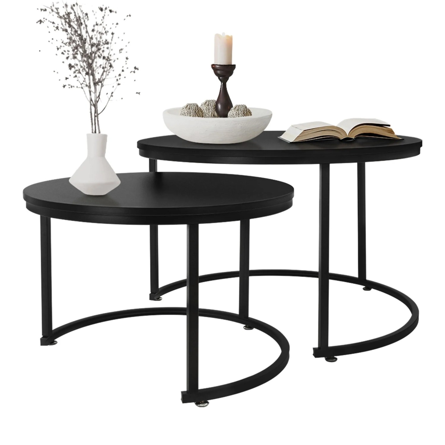 ML-Design Couchtisch 2er Set, schwarz matt, MDF-Platte. Runde Wohnzimmertische im Industrial Style.