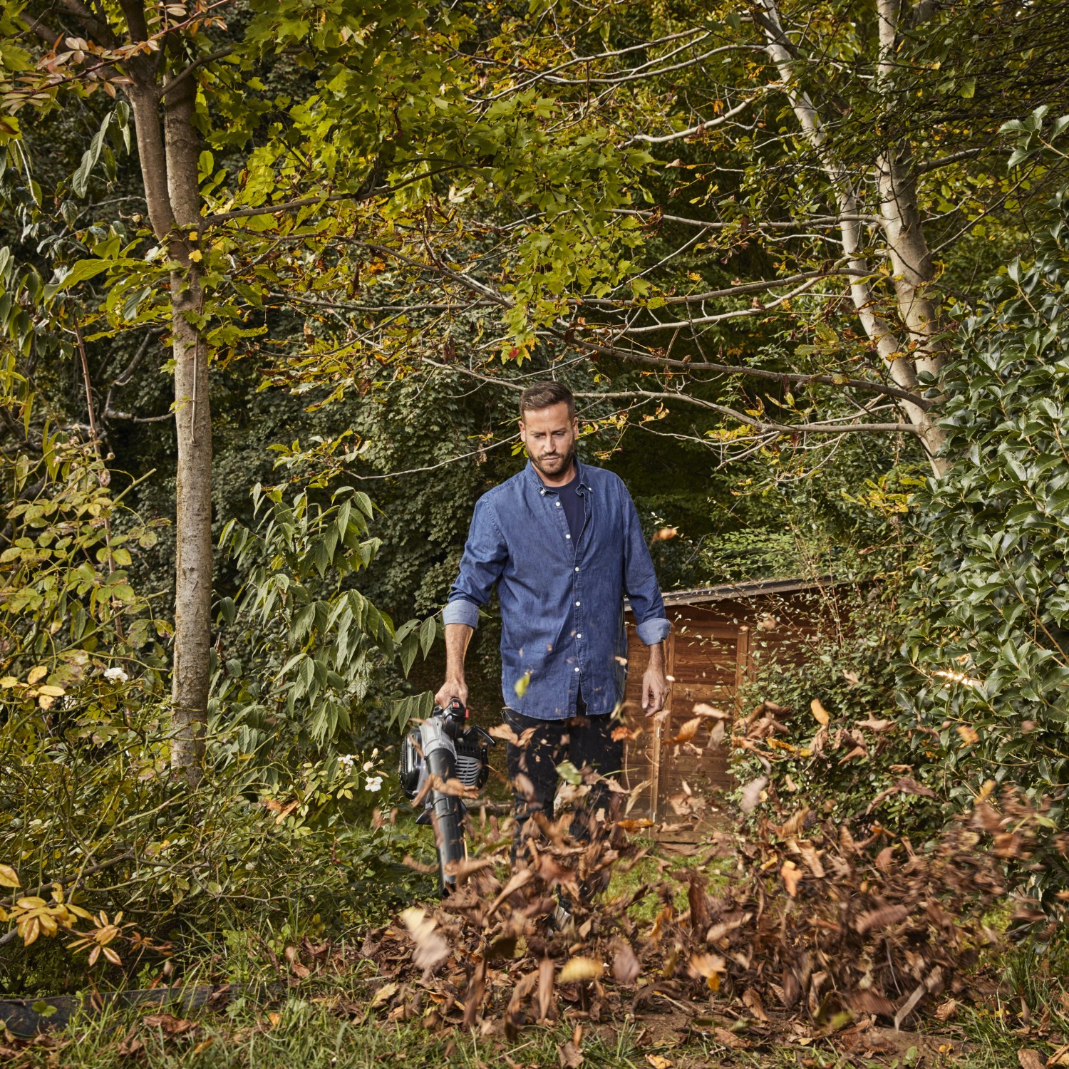 Mann benutzt Alpina Benzin-Laubbläser ABL 27 V im Garten, um Laub zu entfernen.