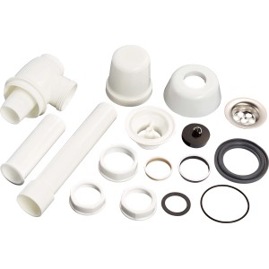 Weißer Bidet Flaschengeruchsverschluss (38,9 mm) aus Kunststoff, verschiedene Einzelteile.