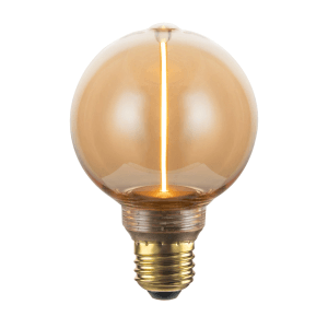 Dimmbares LUXULA LED Filament Leuchtmittel in Kugelform mit Amber Glas und E27 Fassung.