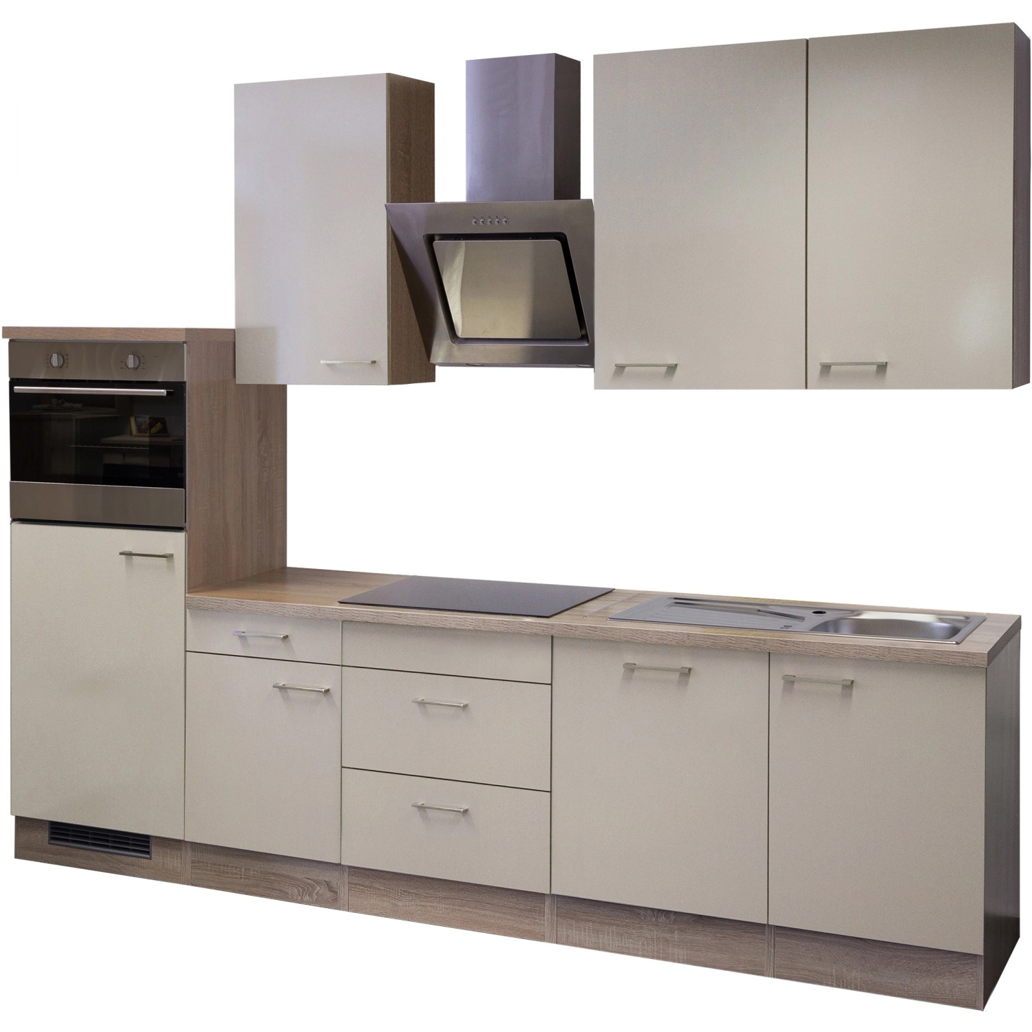 Flex-Well Küchenzeile Orlando in Kaschmir-Glanz und Sonoma Eiche Optik mit E-Geräten.