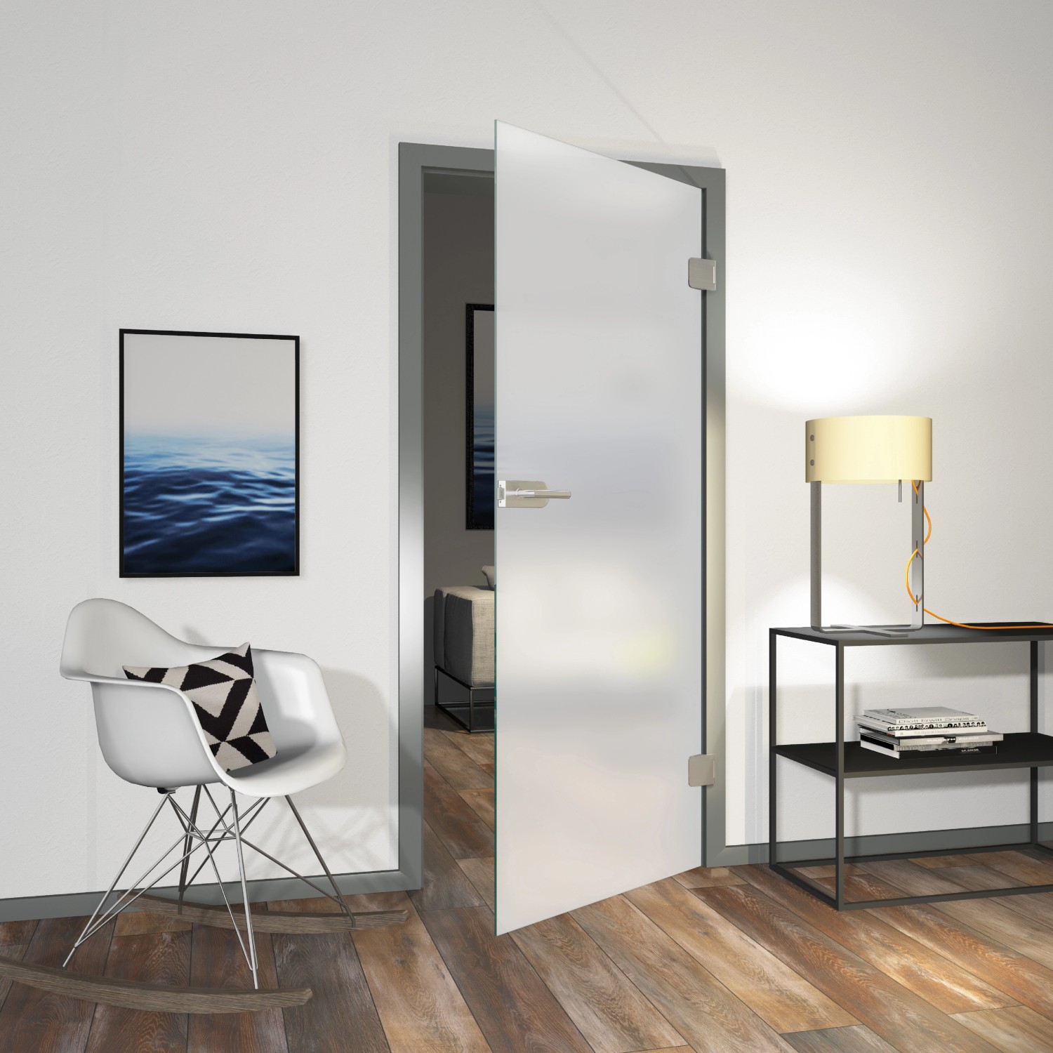 Satinierte Glastür (83,4x197,2 cm) in Weißglas ESG, eingebaut in modernem Wohnraum.