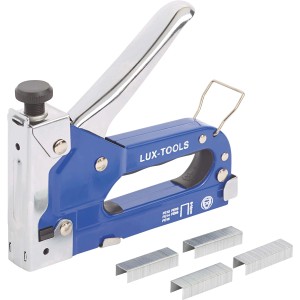 LUX Handtacker Classic, blau/silber, mit Feindrahtklammern. Ideal zum Befestigen von Paneelen.