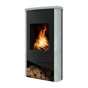 Wamsler Nevada Kaminofen mit Natursteinverkleidung, schwarz, 5 kW, mit Holzscheiten im unteren Fach.