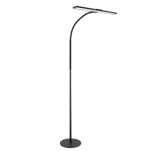 Moderne schwarze LED-Stehlampe für Wohnzimmer mit flexiblem Schwanenhals, dimmbar, einstellbare Farbtemperatur.