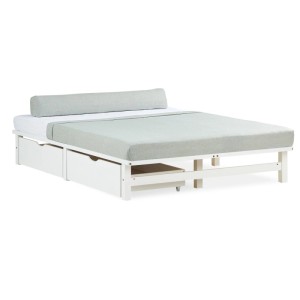 Weißes Palettenbett 140x200 cm aus Kiefernholz mit Lattenrost und zwei Bettkästen für Stauraum im Schlafzimmer.