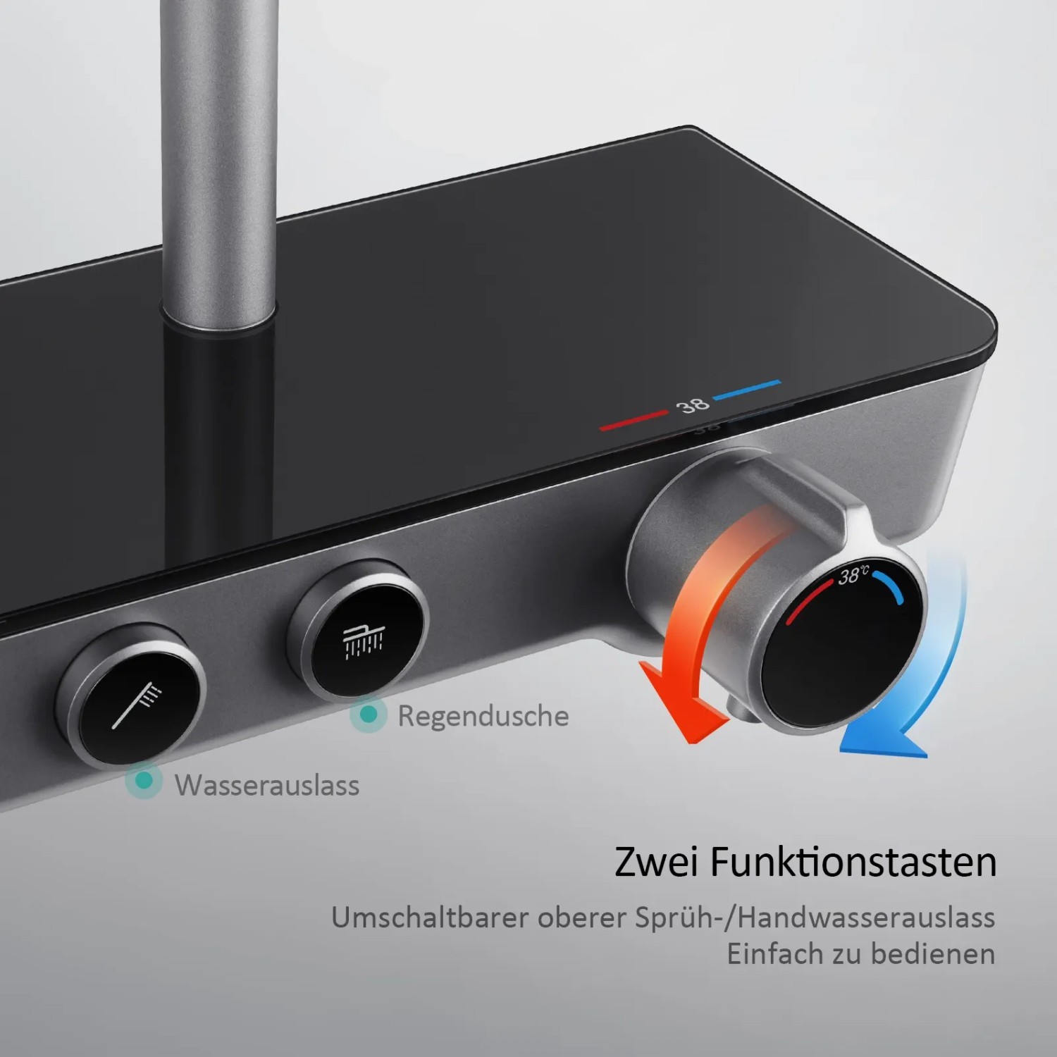 Emke Duschsystem Anthrazit: Thermostat, Handbrause mit 3 Strahlarten, Wasserfall-Auslauf.