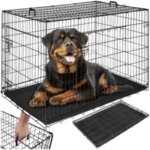 Schwarzer, klappbarer Tectake Hundekäfig Luna aus Stahlgitter mit Hund. Hundetransportbox für Reisen.